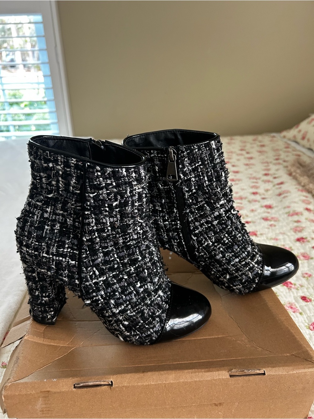 Wildfang Black and White Tweed Ankle Booties with Patent Black Toe
